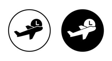 Flight schedule time icon on black circle. Airplane, plane with clock sign symbol vector