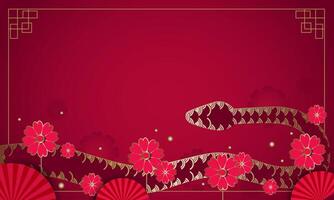 Asian red background with flowers snake symbol of the year. Chinese New Year card vector