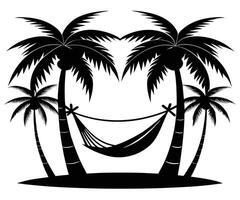 A black and white silhouette of palm trees and a hammock vector