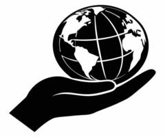 A hand holding a globe in black and white vector