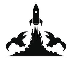 A black and white illustration of a rocket launching vector