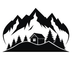 A black and white logo of a cabin in the mountains vector
