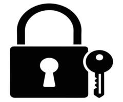 A black and white image of a padlock and key vector