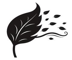 A black and white illustration of a leaf blowing in the wind vector