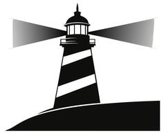 A black and white lighthouse with a light shining on it vector
