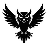 An owl with wings is shown in black and white vector