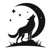 A black and white silhouette of a wolf howling at the moon vector