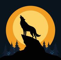 The wolf howling at the moon in the forest vector