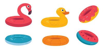 Set of inflatable pool floats - flamingo, duck, donut, and vibrant swim rings, isolated on white vector