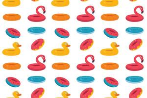 Seamless pattern with colorful inflatable floats for swimming - flamingo, duck, donuts, and more vector