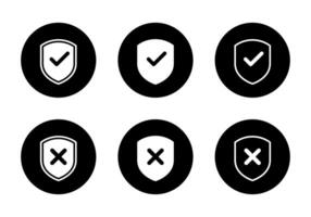 Shield check cross mark icon set collection on black circle vector