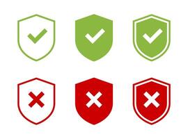 Shield with check mark and cross icon set in flat design. Defense, protection sign symbol vector