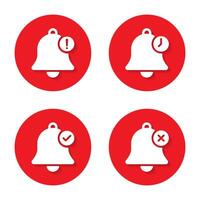 Bell with exclamation mark, time, check mark, and cross icon with shadow vector