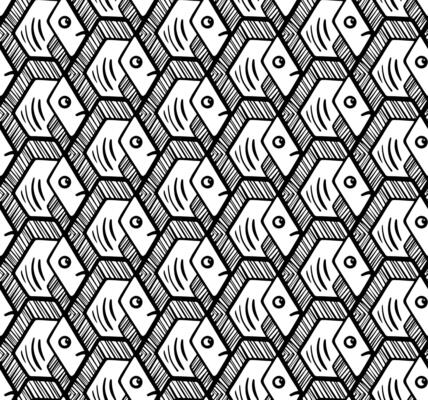 Black and White Fish Tessellation Seamless Pattern Inspired by Escher