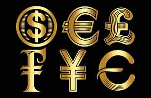 Golden currency symbols on black background vector