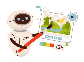 AI technology concept. Robots help in generating images. Chat bot. Artificial intelligence generates image. Flat illustration. vector