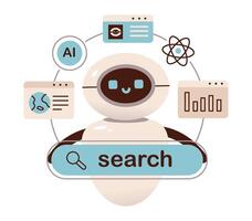Robotic assistant showcasing AI-powered search and learning systems. Technology and innovation. Flat illustration. vector
