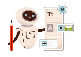 Robotic assistant generating written content. Translation and writing of text using artificial intelligence. Flat illustration. vector