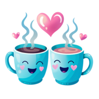 Two coffee cups with hearts and steam coming out of them png