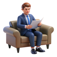 Man in suit sitting on couch reading paper png