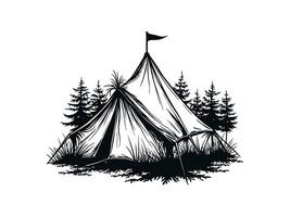 camping tent with pine tree silhouette illustration for camping and hiking vector