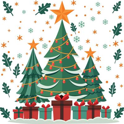 Christmas tree with gift box and light bulb and leaf with start and snowflake background illustration