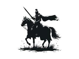 knight warrior sitting on a horse with open sword and the horse run shilhouette illustration isolated on white backgorund vector