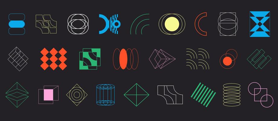 Brutalism outline colorful geometric shapes collection basic elements set