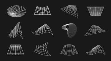 Brutalism Wavy Distorted Grid Elements Set Outline Shapes on Black Background vector