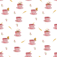Seamless Watercolor Pattern with Pink Cups and Spring Flowers, Soft and Vibrant Spring Mood Design png