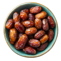 Dates in bowl . Bowl full of dates top view . bowl with date fruit flat lay isolated. organic, healthy, vegan, vegetarian dates full of vitamins isolated png