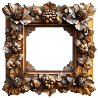 wooden frame . exquisite wooden frame with intricate detailing full of cones and flowers for picture placement . wooden border frame top view flat lay isolated. picture frame with empty center png