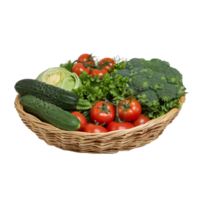Fresh and Colorful Wicker Basket with Tomatoes, Cucumbers, Lettuce, and Broccoli Ideal for Organic Food and Healthy Lifestyle Photography png