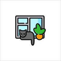 A cat is sitting in front of a window with a plant vector