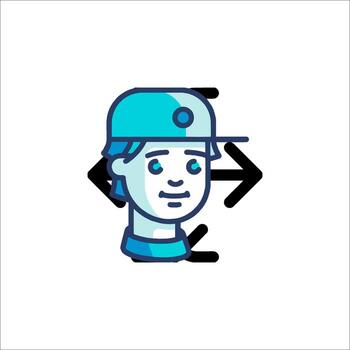 A man in a baseball cap with an arrow pointing to the left vector