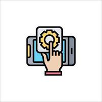 A hand pressing a button on a phone with a gear on it vector