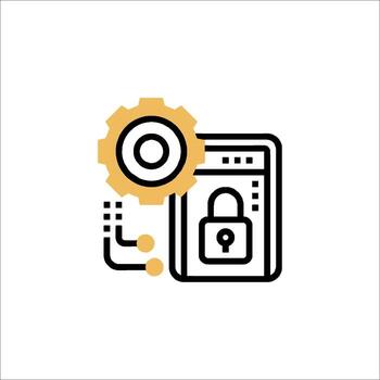 A black and yellow icon of a computer with a padlock vector