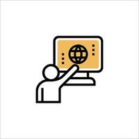 A person pointing at a computer monitor with a globe icon vector