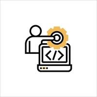 A person is holding a computer with a code symbol vector