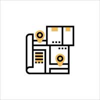 A line icon of a building with a map pin vector