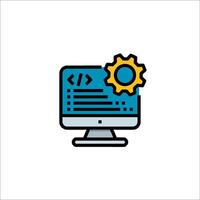 A computer with a gear on it and a code symbol vector