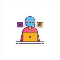 A person sitting at a desk with a laptop and a chat bubble vector