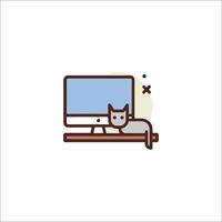 A cat is sitting on a desk with a computer monitor vector