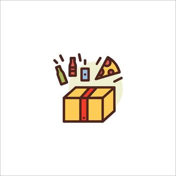 A pizza box with a bottle of soda and a pizza slice vector