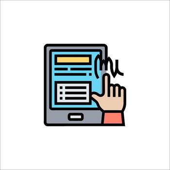 A hand touching a tablet with a button on it vector