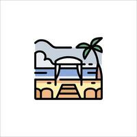 A beach scene with a gazebo and palm trees vector