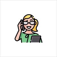 A woman with glasses and a tablet talking on the phone vector