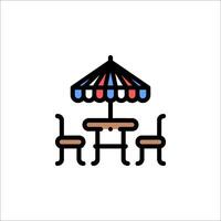 A restaurant table and chairs under an umbrella vector
