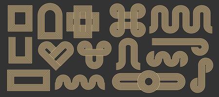 Zen arch, gold geometric lines, knots abstract contemporary shapes. Set modern golden minimal aesthetic borders, frames, corners. Stripes balance elements. vector
