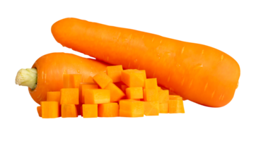 Two fresh orange carrot roots with cube shape of slices in horizontal pile isolated in file format png